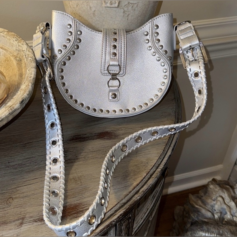 Silence + Noise Studded Shoulder Bag Metallic Silver Moto Grommet Y2K Crossbody